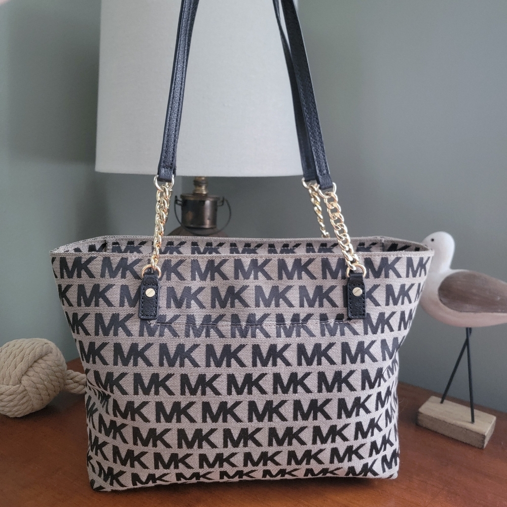 Michael Kors Jet Set MK Monogram Chain Tote Black Vanilla Shoulder Bag